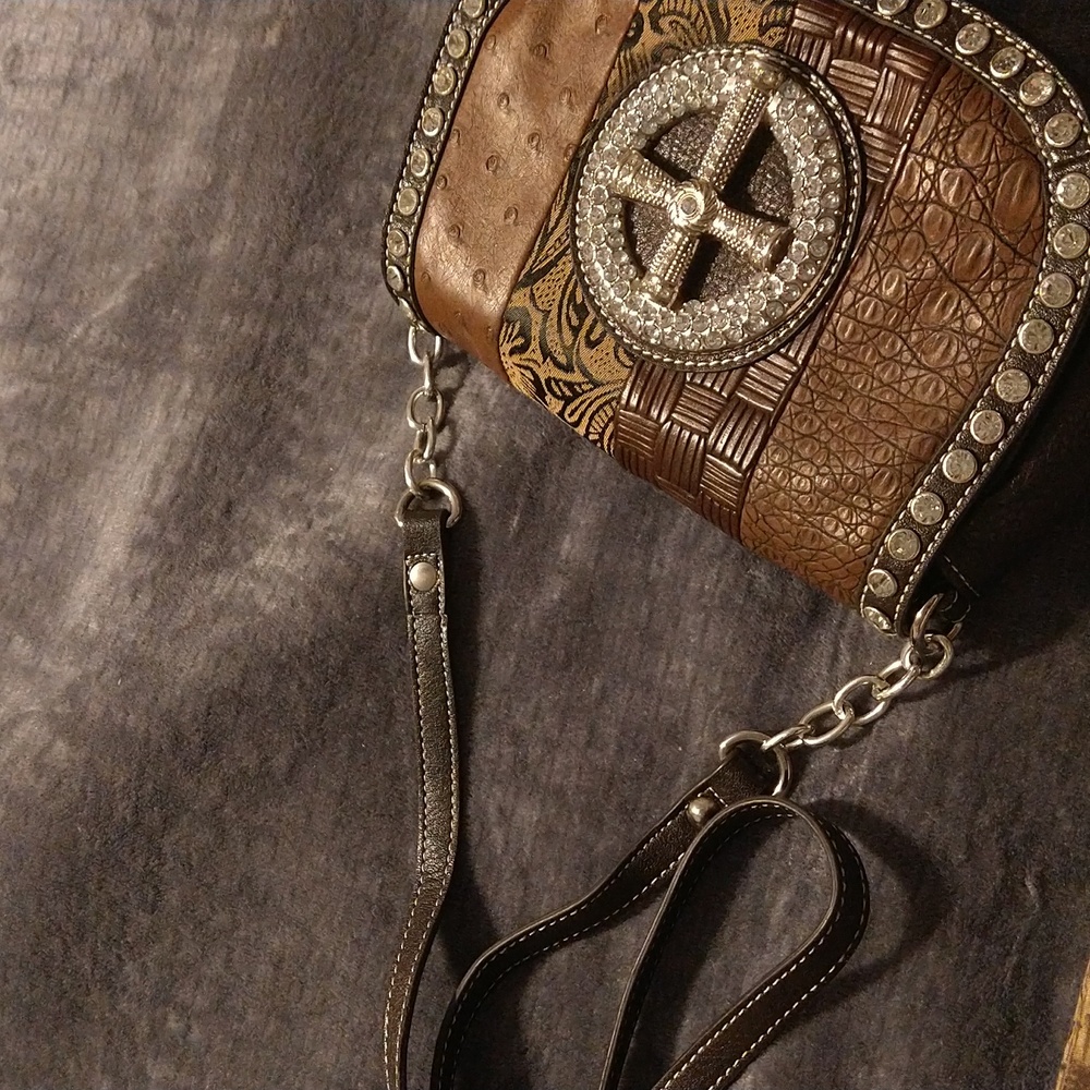 Brown Patchwork Cross Bling Purse - image 5